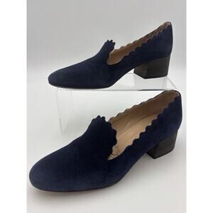 Chloé Suede Scalloped Loafers Navy Blue Suede Pumps Size 39.5 / 9.5 Block Heel